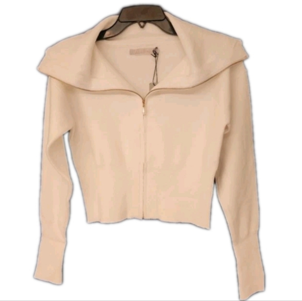 One grey Day Elegant Wide Collar Zippered Tapered Waist Sweater In White Sz SM - Picture 2 of 12